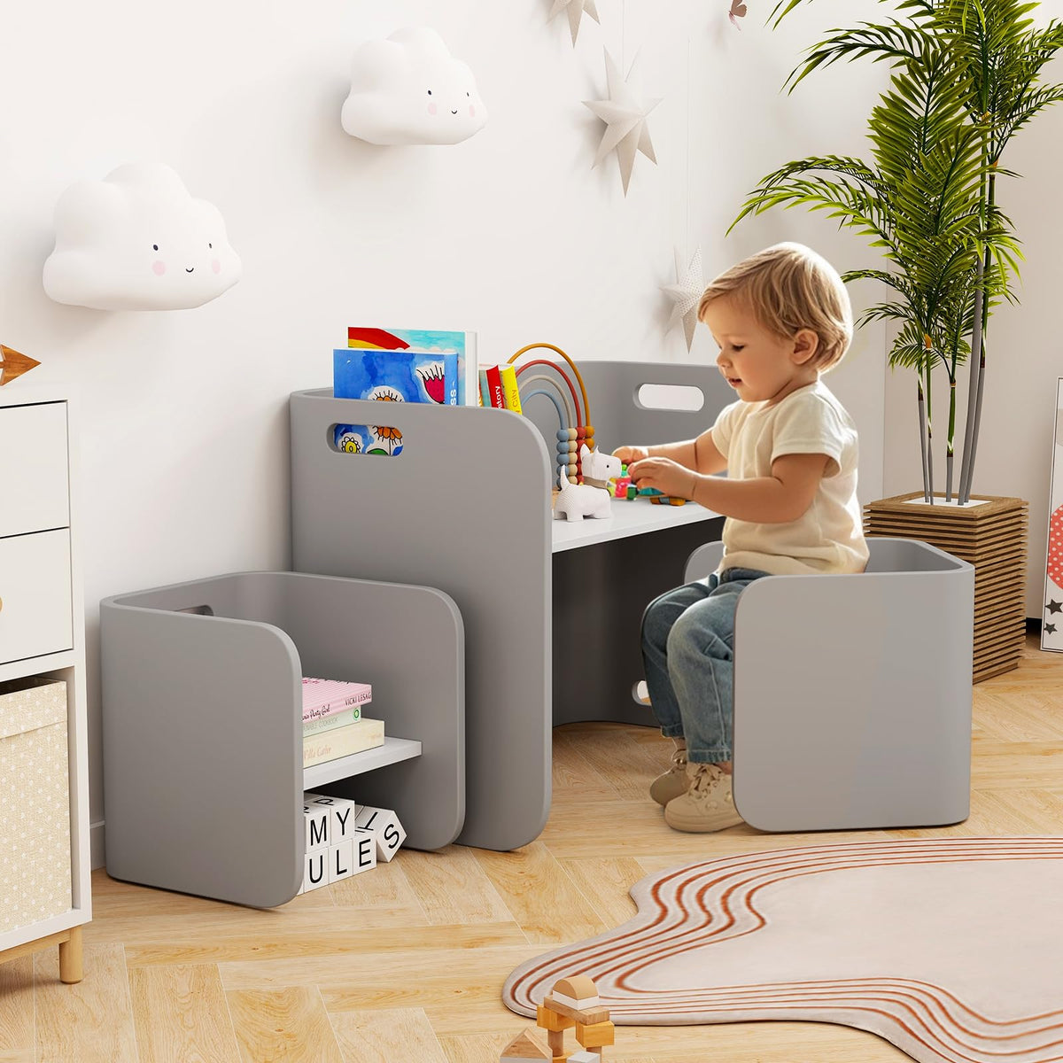 Kids Table and Chair Set, All in 1 Birch Wood Activity Table, Bench, Storage Shelves, Desk for Children Reading