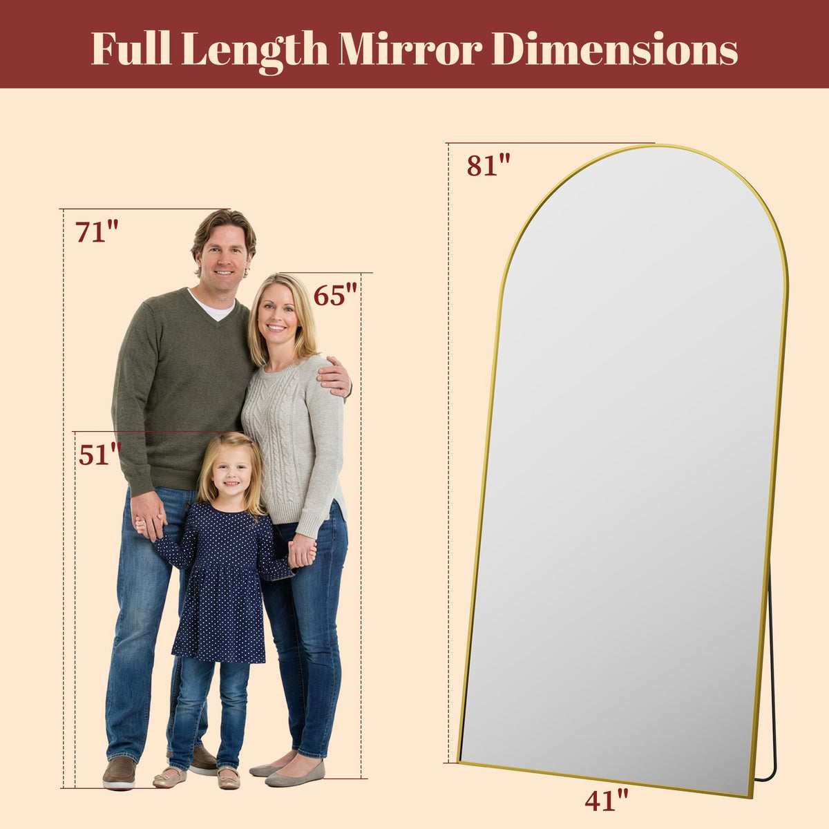 81"x41" Arched Full Length Mirror with Stand, Gold Floor Mirror