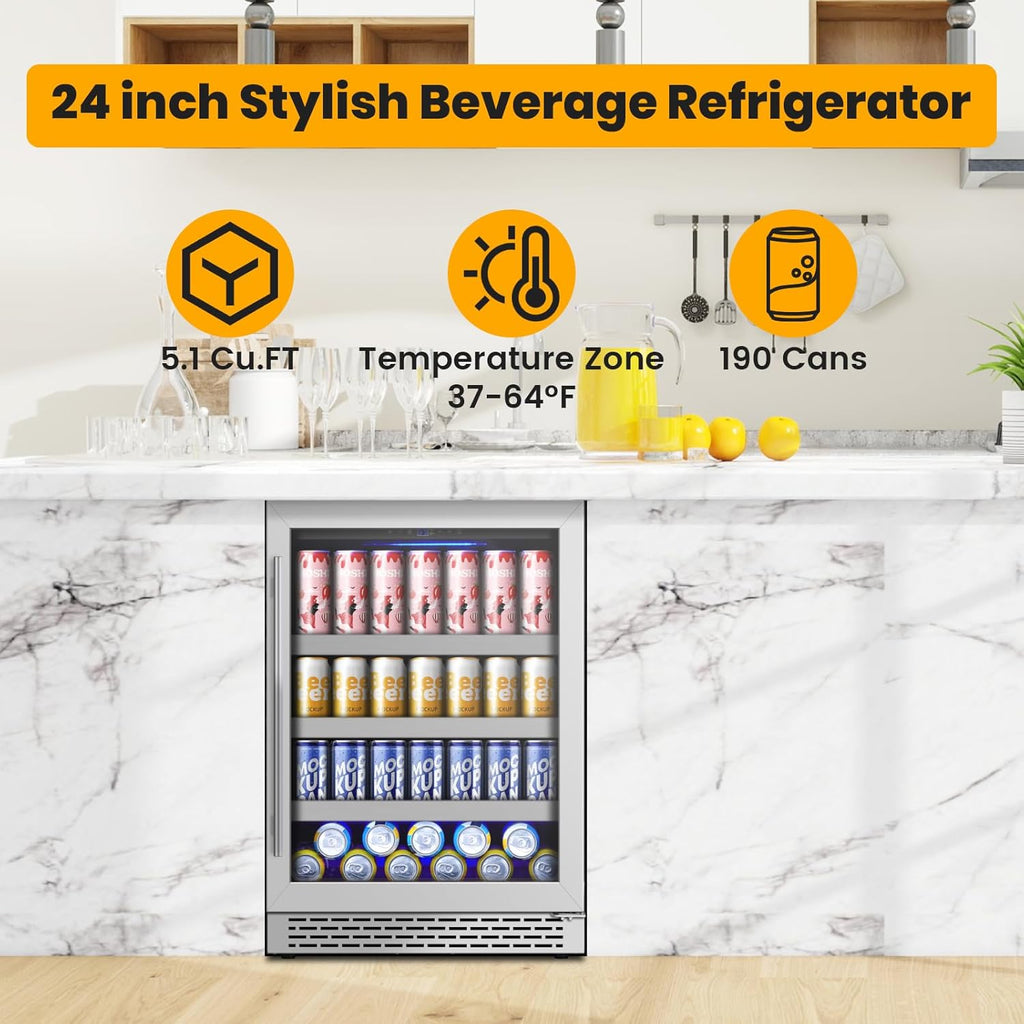 24 Inch Beverage Refrigerator,190 Cans Freestanding/Under Counter Beverage Fridge with Glass Door