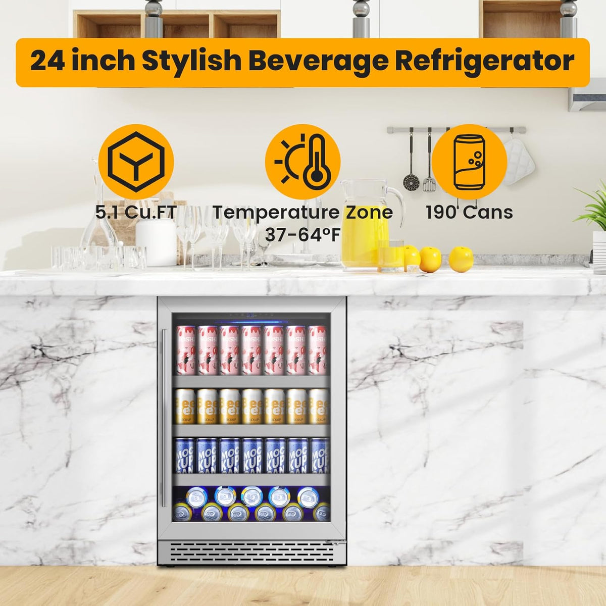 24 Inch Beverage Refrigerator,190 Cans Freestanding/Under Counter Beverage Fridge with Glass Door