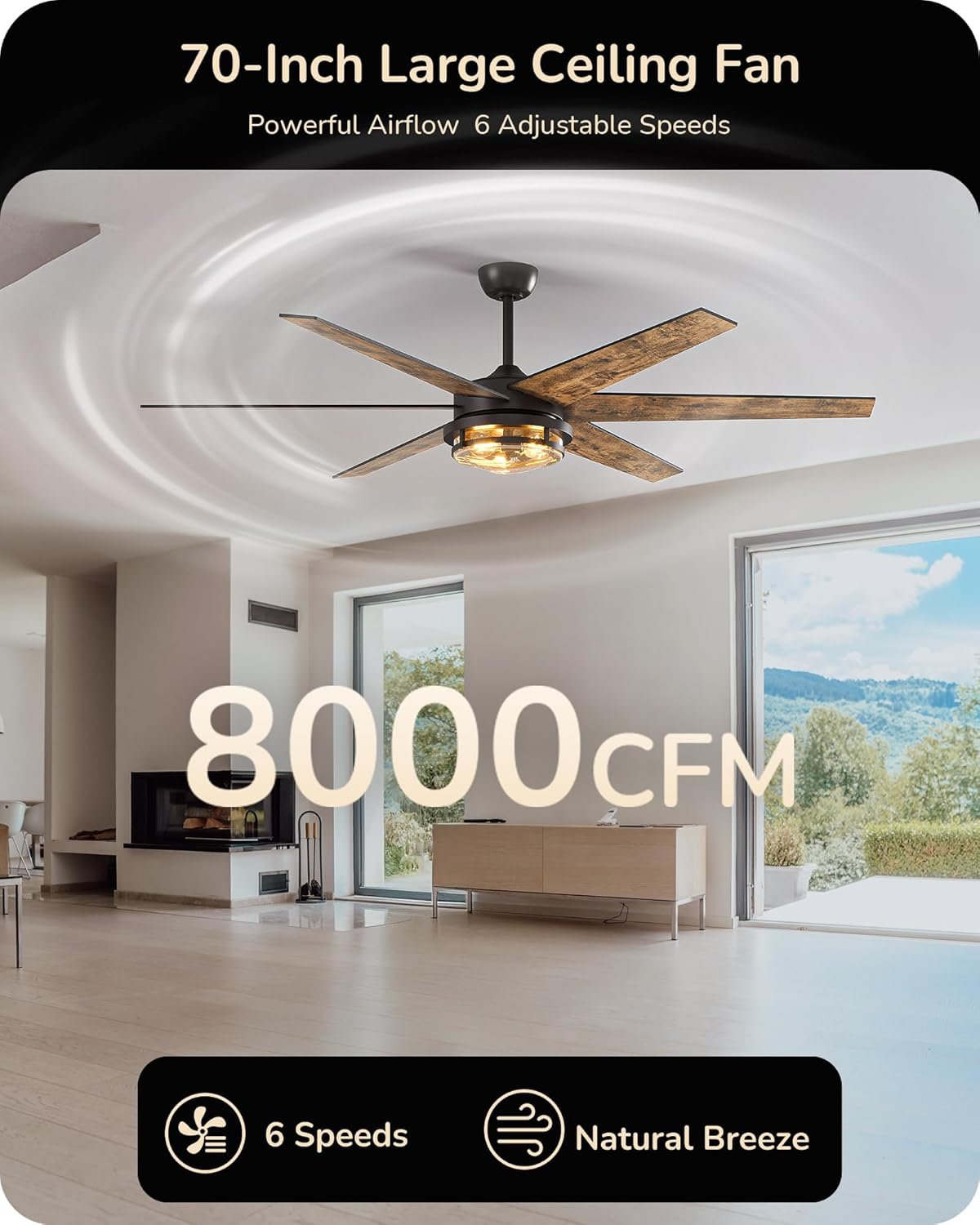 70" Wood Ceiling Fan with Light & Remote