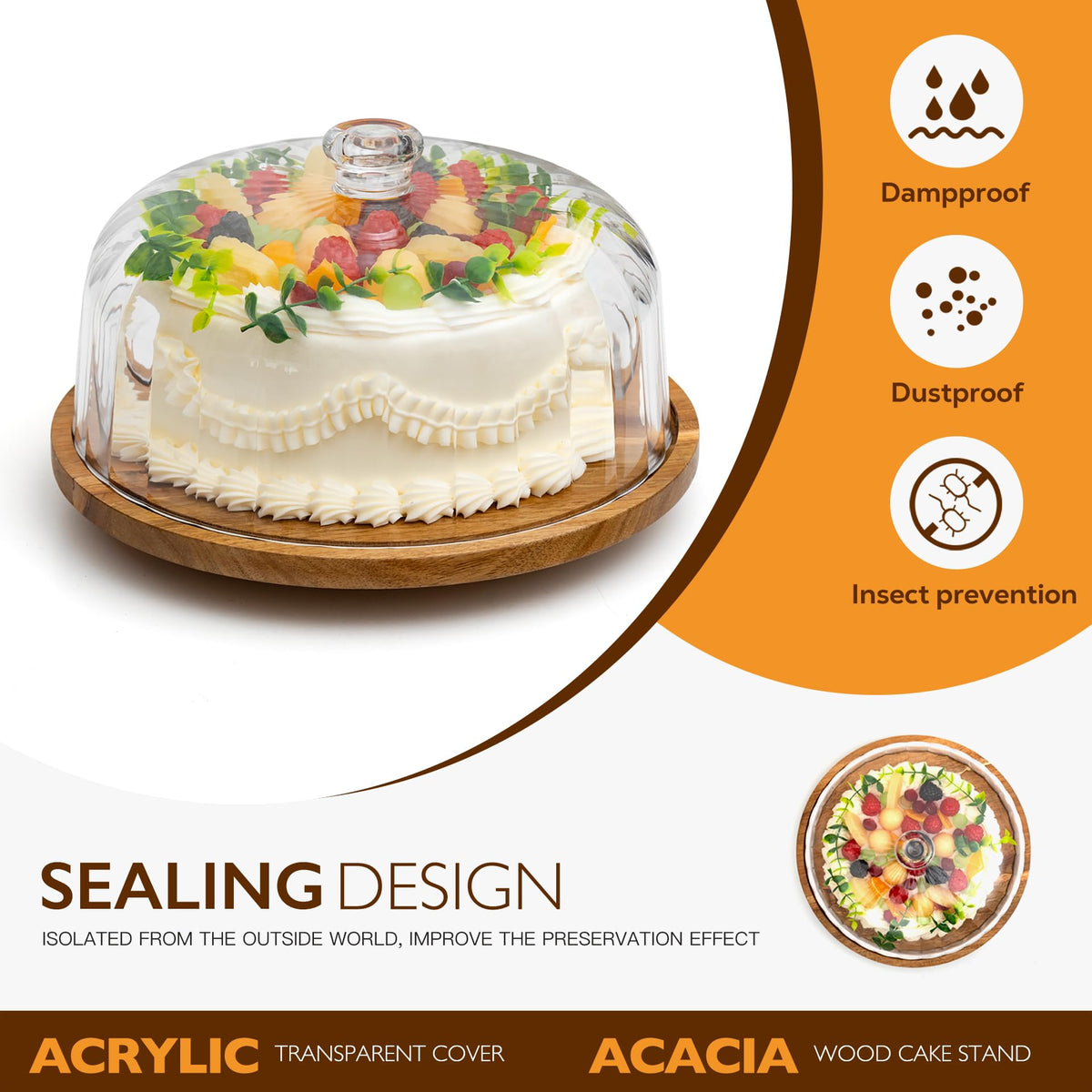 Cake Stand with Lid, Rotating Cake Holder with Dome, Wood Lazy Susan with Cover, Cake Stand for
