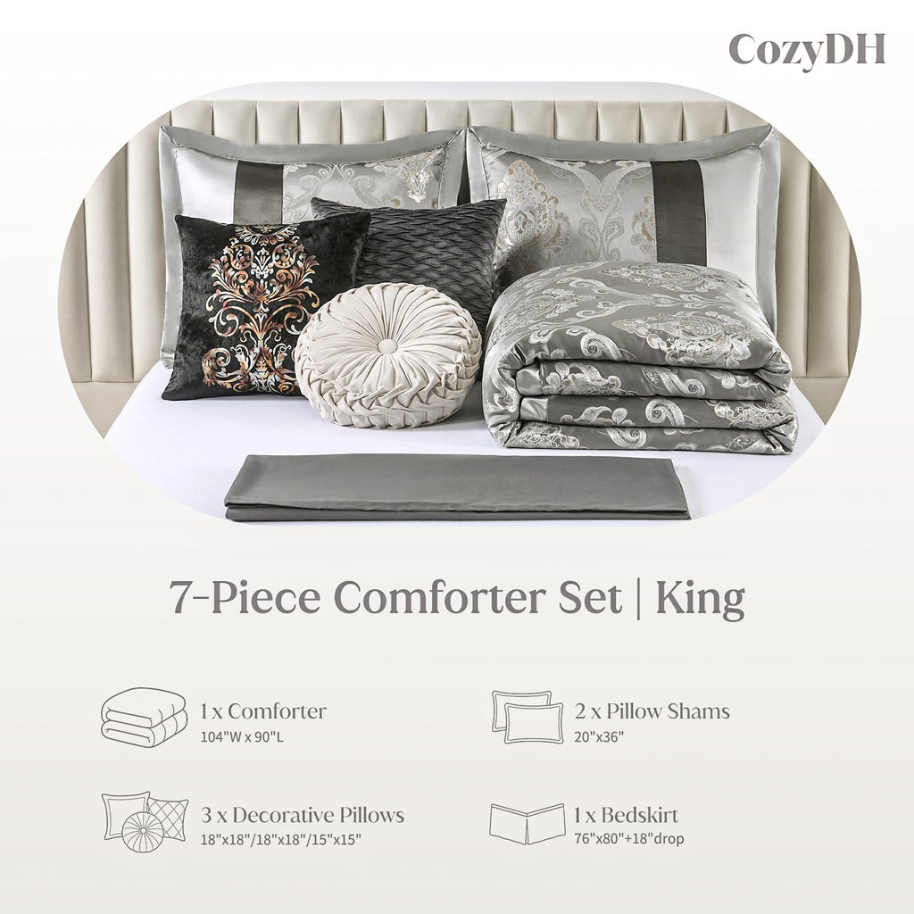 Gray Jacquard Comforter Set - Luxury 7 Piece Bed in a Bag