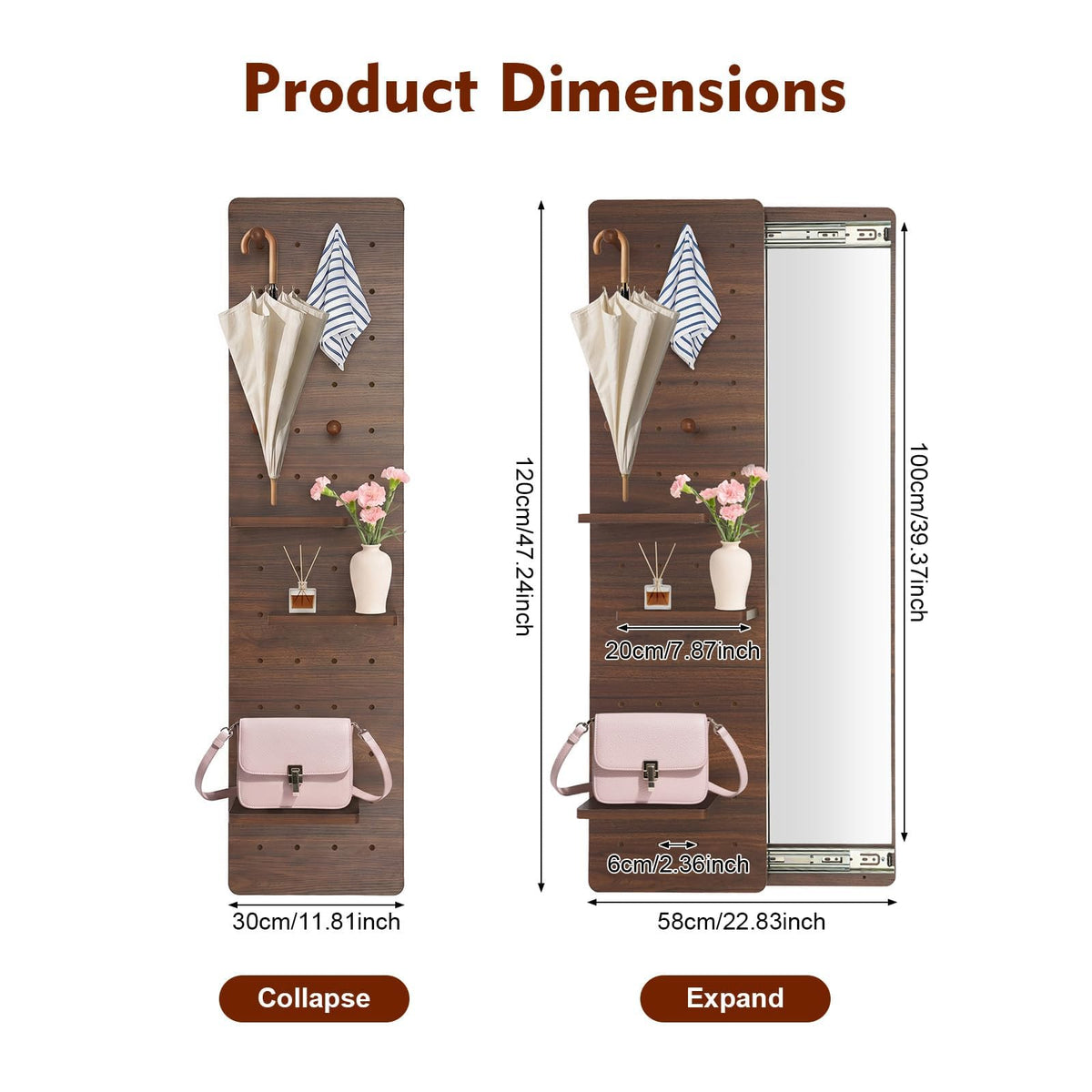Full Length Mirror with Storage,Wall Mounted Mirror with Pegboard,Rotating Walnut Standing Entryway Mirror