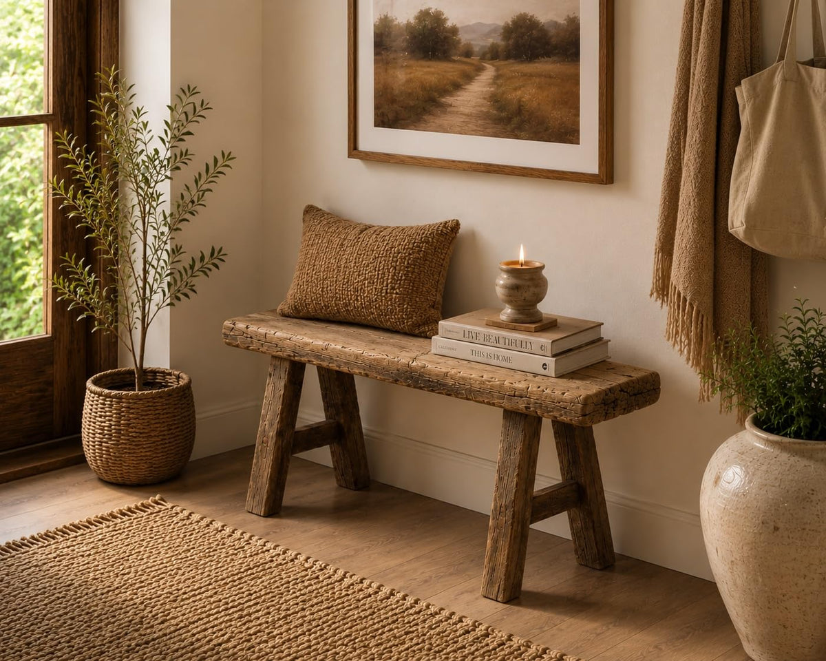 Handmade Wooden Entryway Bench, Vintage Noodle Bench, or Entryway, End of Bed Bench, Weathered Natural Wood Bench