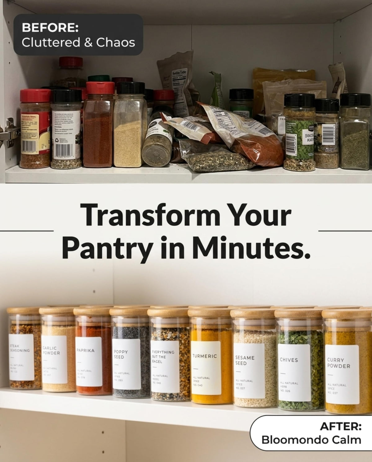 Glass Spice Jars with Label Pack (12x Bamboo Lid Glass Jar) Small 6oz Empty Spice Storage Bottles with 112 Printed