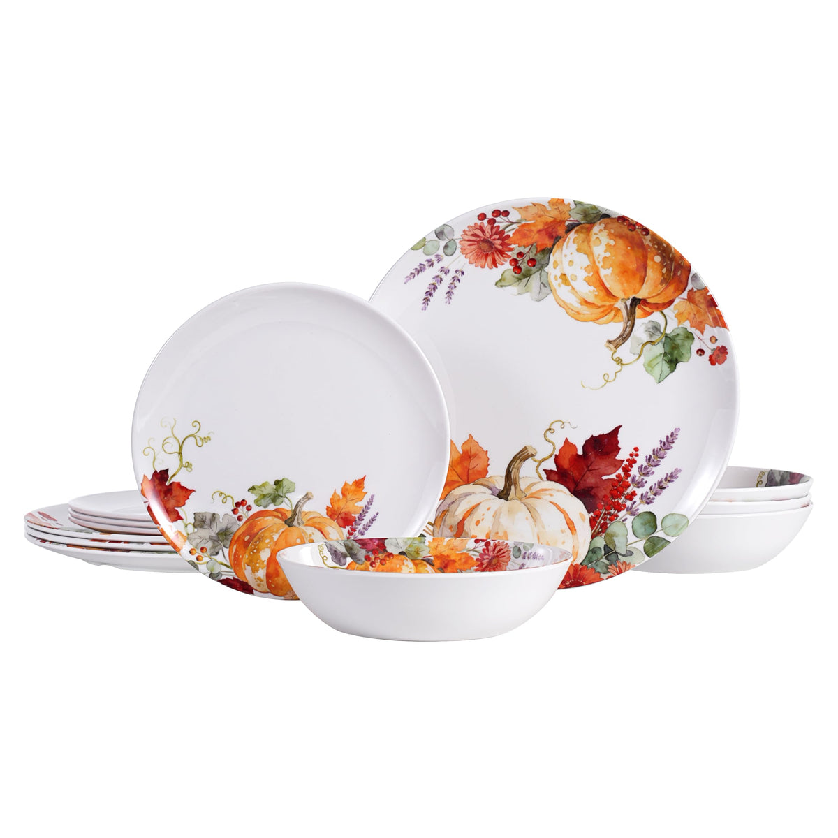 Melamine Dinnerware Set for 4, 12-Piece Pumpkin Plates and Bowls, BPA-Free