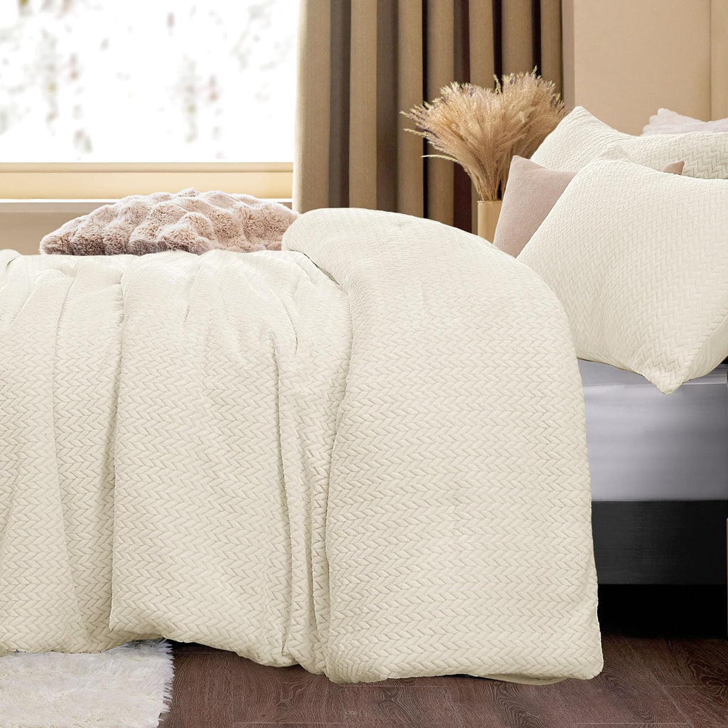 Fleece Comforter Set Beige, Fluffy Flannel Bed Set 3 Pieces