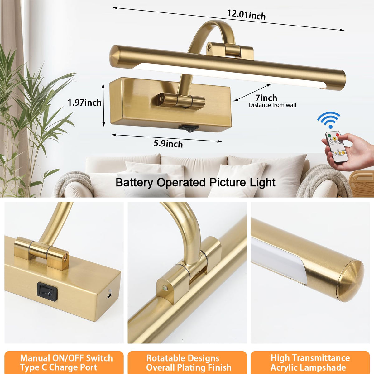 Rechargeable Picture Light with Remote Control,12 Inch Brass Finish Adjustable Wireless Art Lighting Fixture,Painting