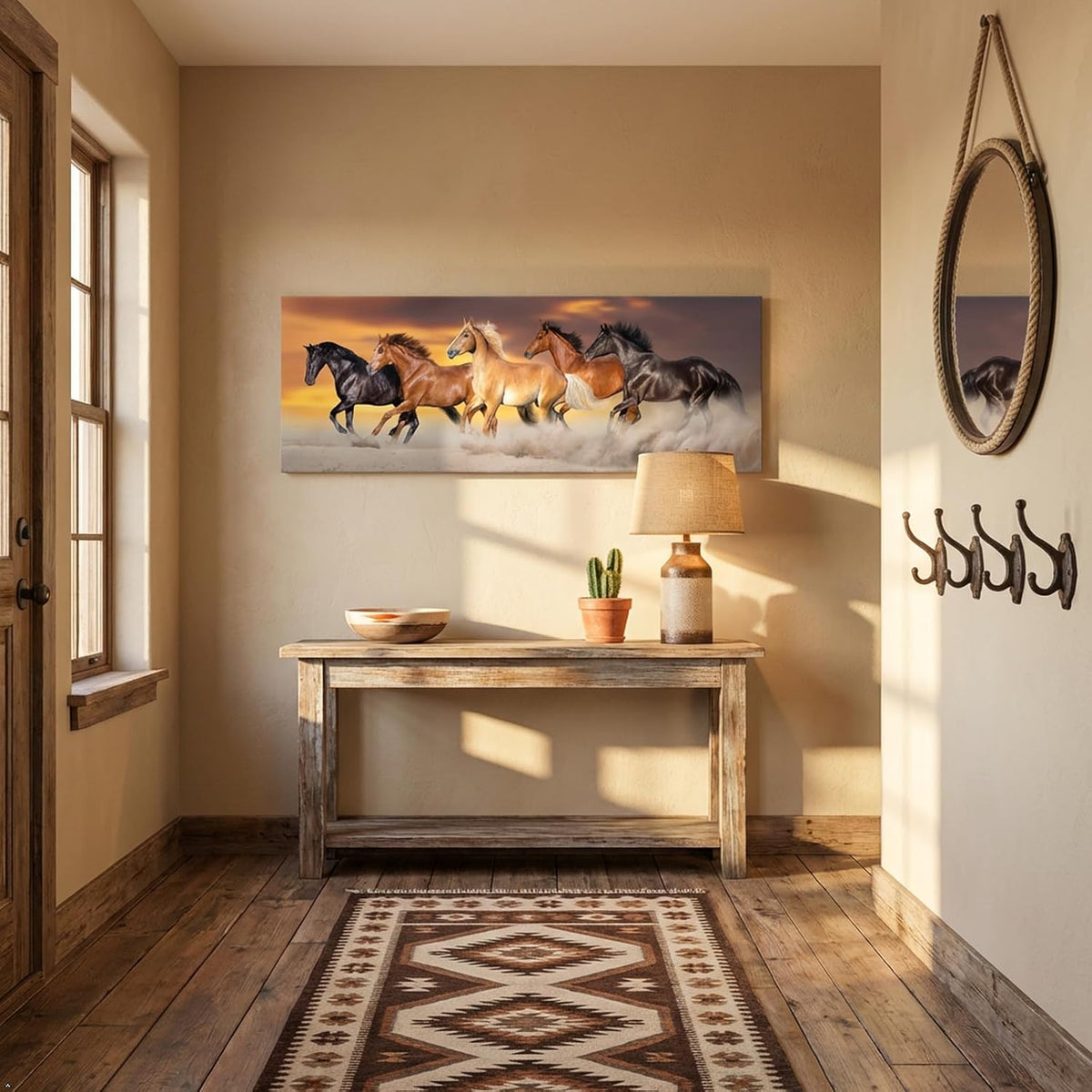 Large Size Canvas Prints Running Horse Herd Rungallop Desert Dust Against Dramatic Sky Panorama Wall Art Gallery