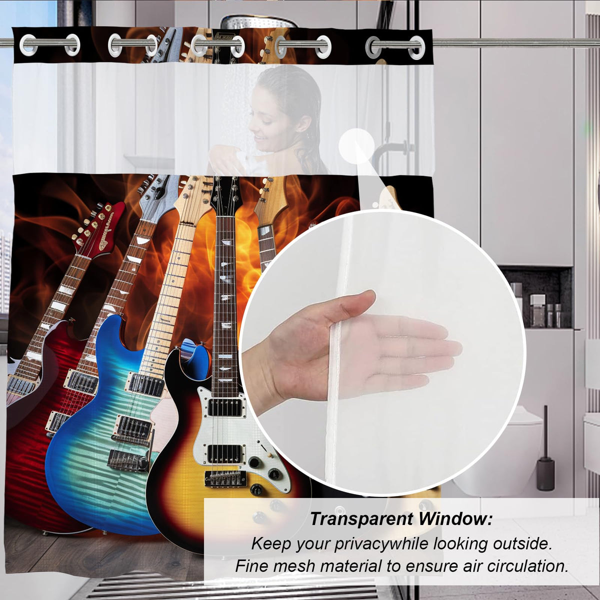 Vintage Funny Guitar Theme No Hook Waffle Weave Shower Curtain with Snap in Liner Cool Western Aesthetic Funky
