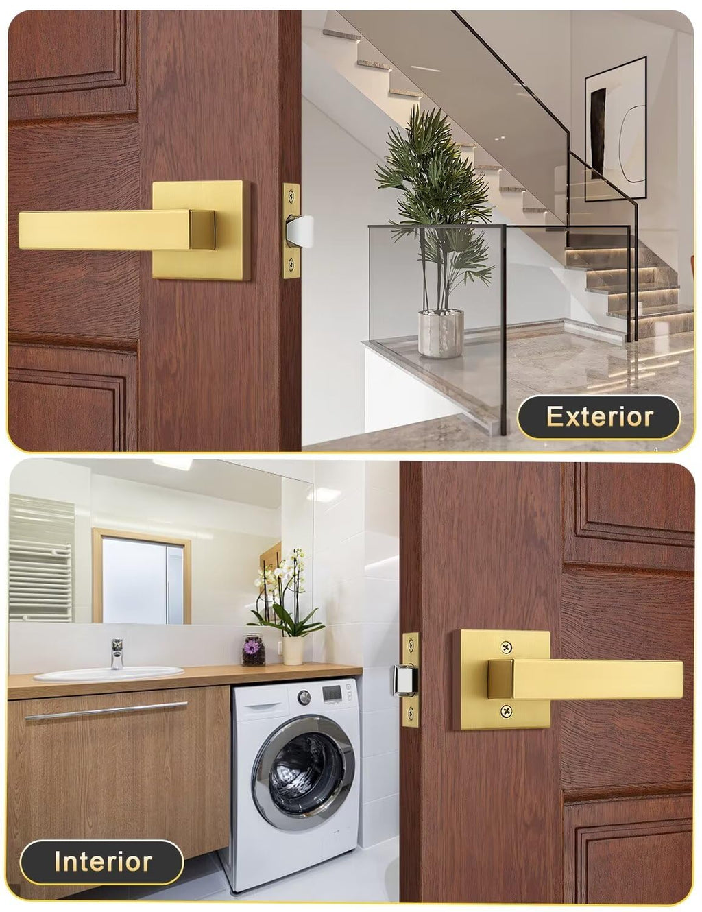 1 Pack Gold Keyless Square Levers Handles, Satin Brass Finish, Interior Passage Door Locksets for Hall Closet Door