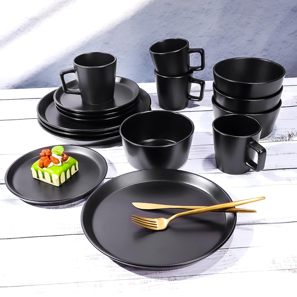 Plates and Bowls Sets, 16 Pieces Dinnerware Sets, Service For 4, Black
