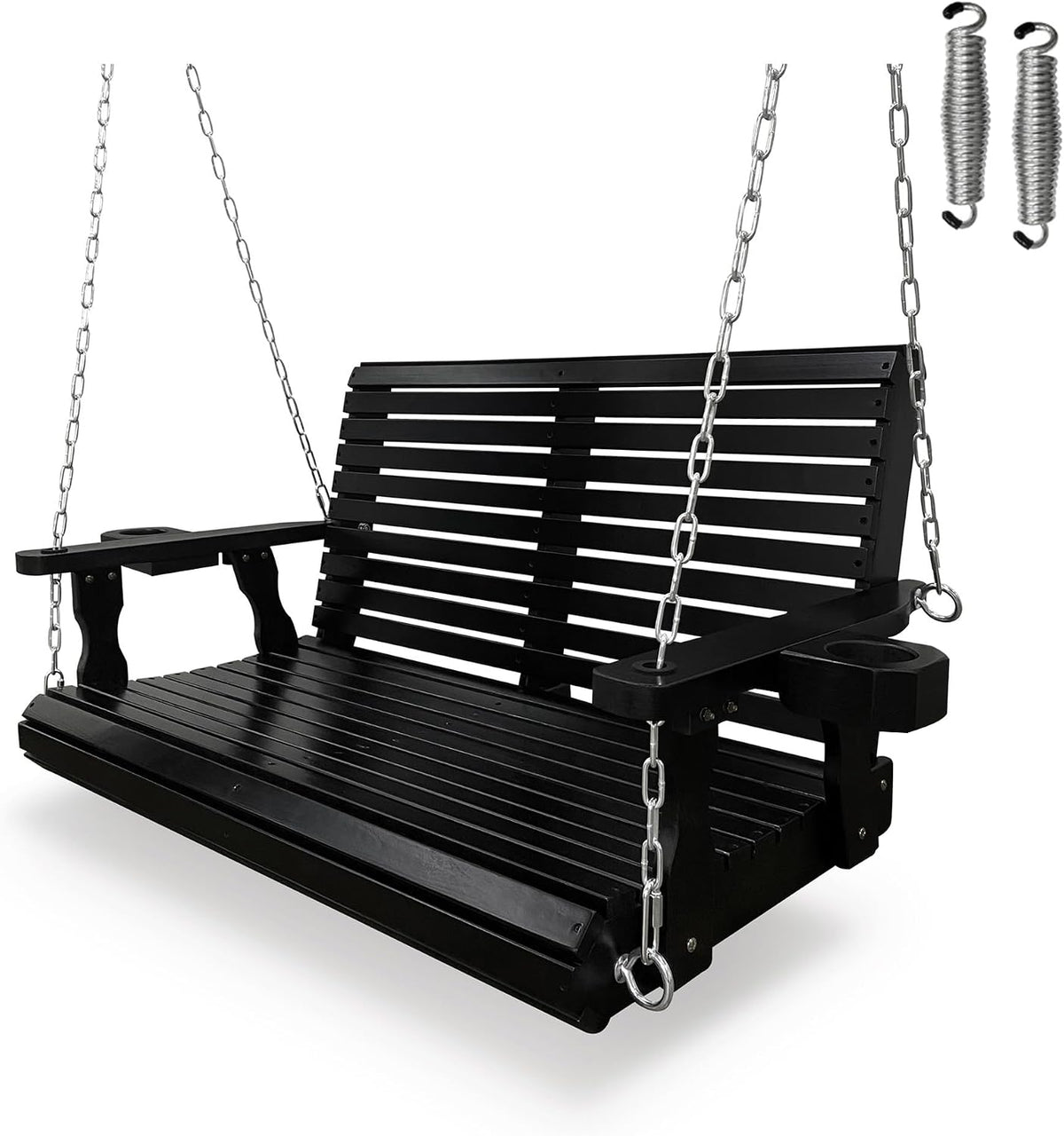 Wooden Porch Swing 2-Seater, High Backrest and Deep Seat, Bench Swing with Cupholders, Hanging Chains and 7mm