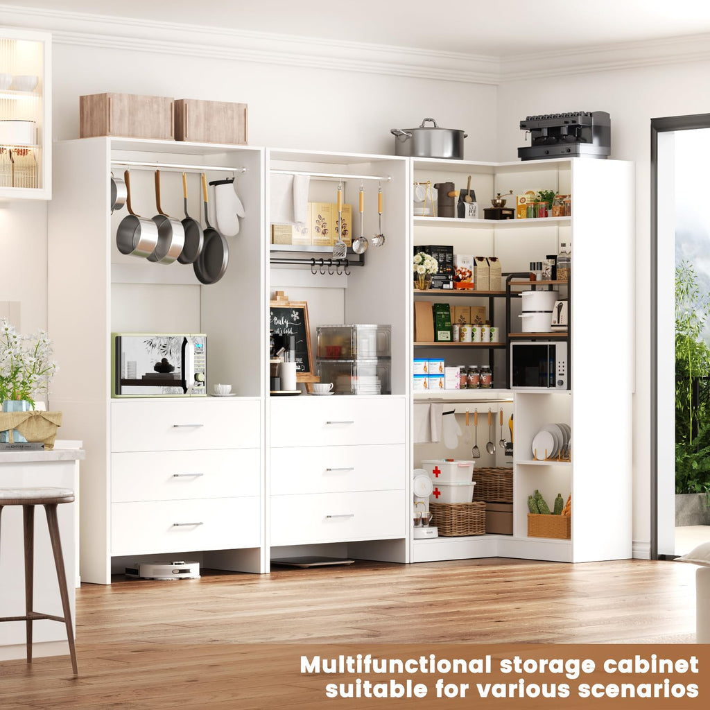 Closet System with 6 Drawers, 4 Hanging Rods & Corner Tower, Corner Closet System with Hanging, 76.5" L-Shaped