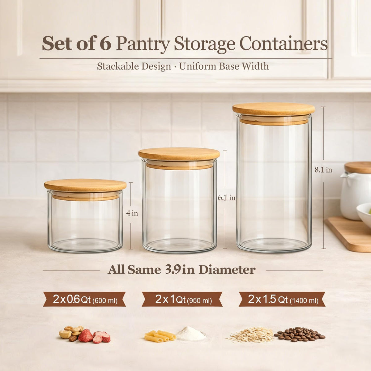 Glass Storage Containers with Lids, Set of 6 Jars (0.6Qt/1Qt/1.5Qt)