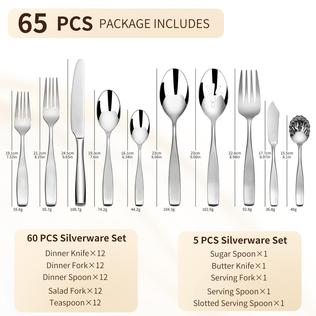 65 Piece Heavy Silverware Set, 18/10 Stainless Steel Flatware Set for 12