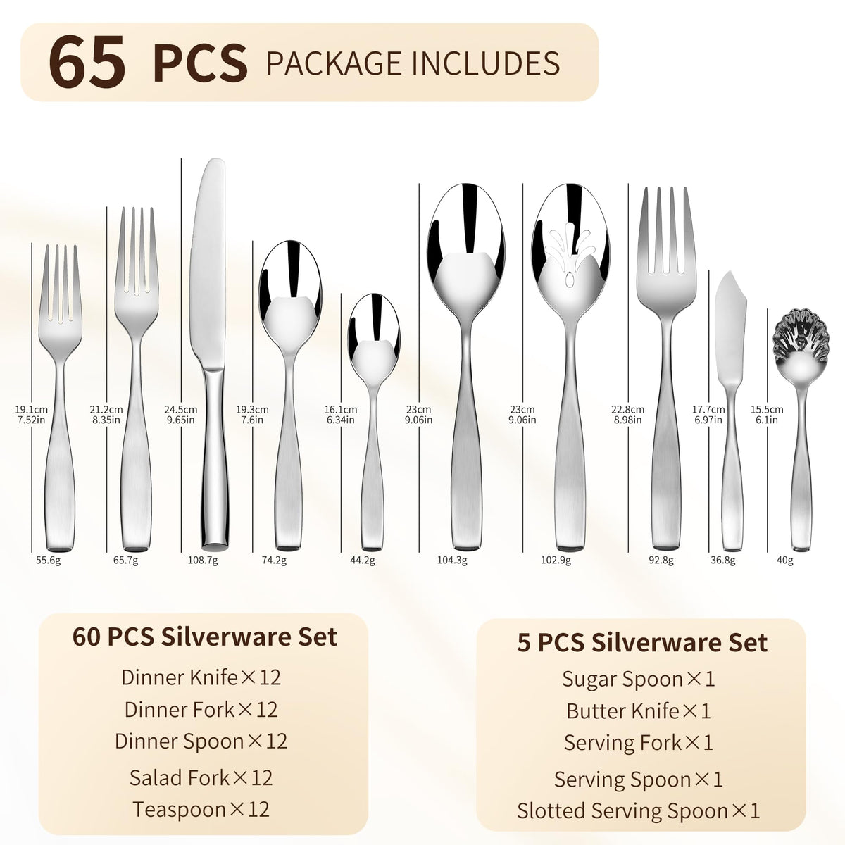 65 Piece Heavy Silverware Set, 18/10 Stainless Steel Flatware Set for 12