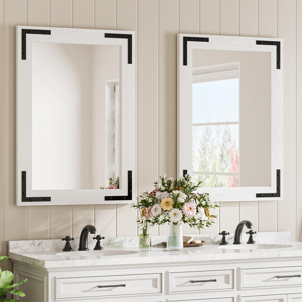 Farmhouse Bathroom Mirror, 20"x28" Rustic Wood Framed Wall Mirror