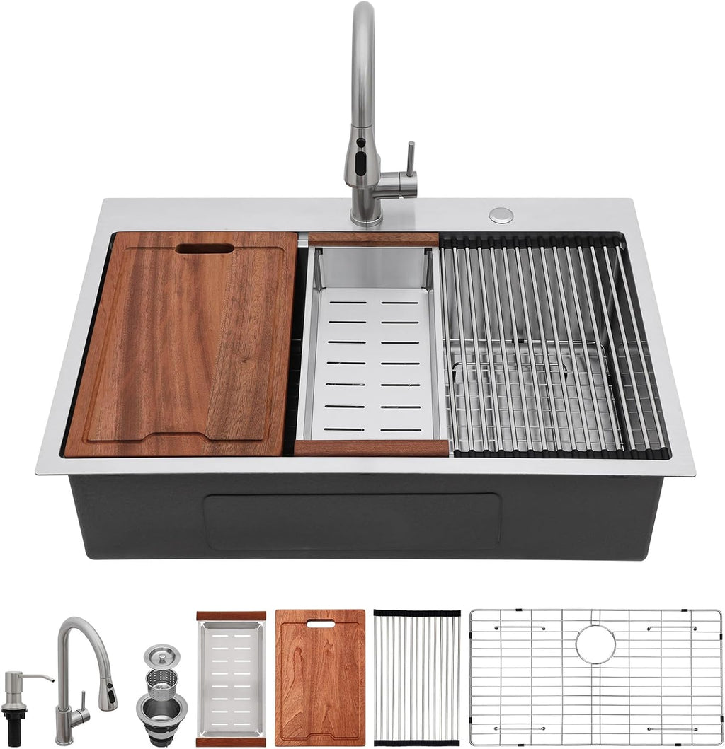 33x22 Inch Drop Sink With Faucet - 33 Kitchen Sink With Faucet Combo Workstation 16 Gauge Stainless Steel Single Bowl