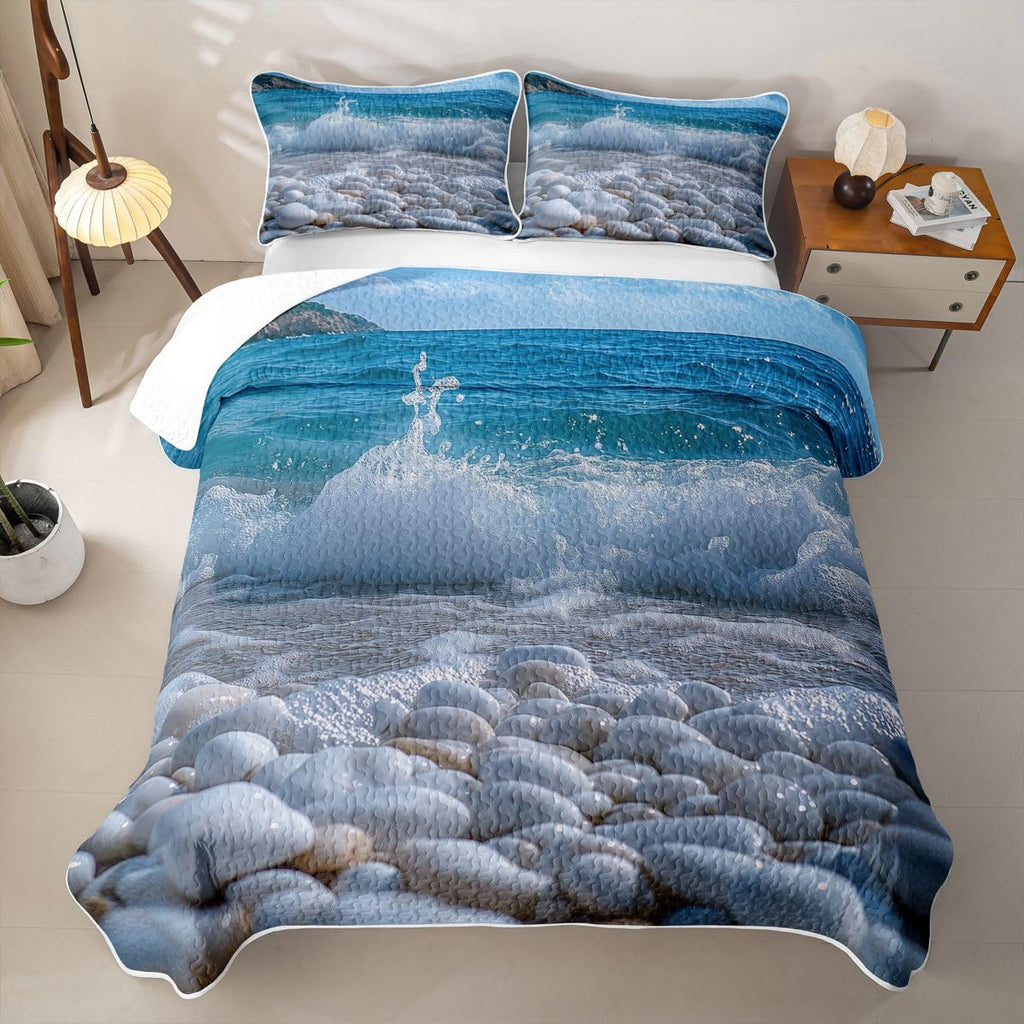 Pebble Quilt Beach Cobble Print Quilt Set 3D Stone Gravel Quilted Bedspread Hawaii Beach Coverlet