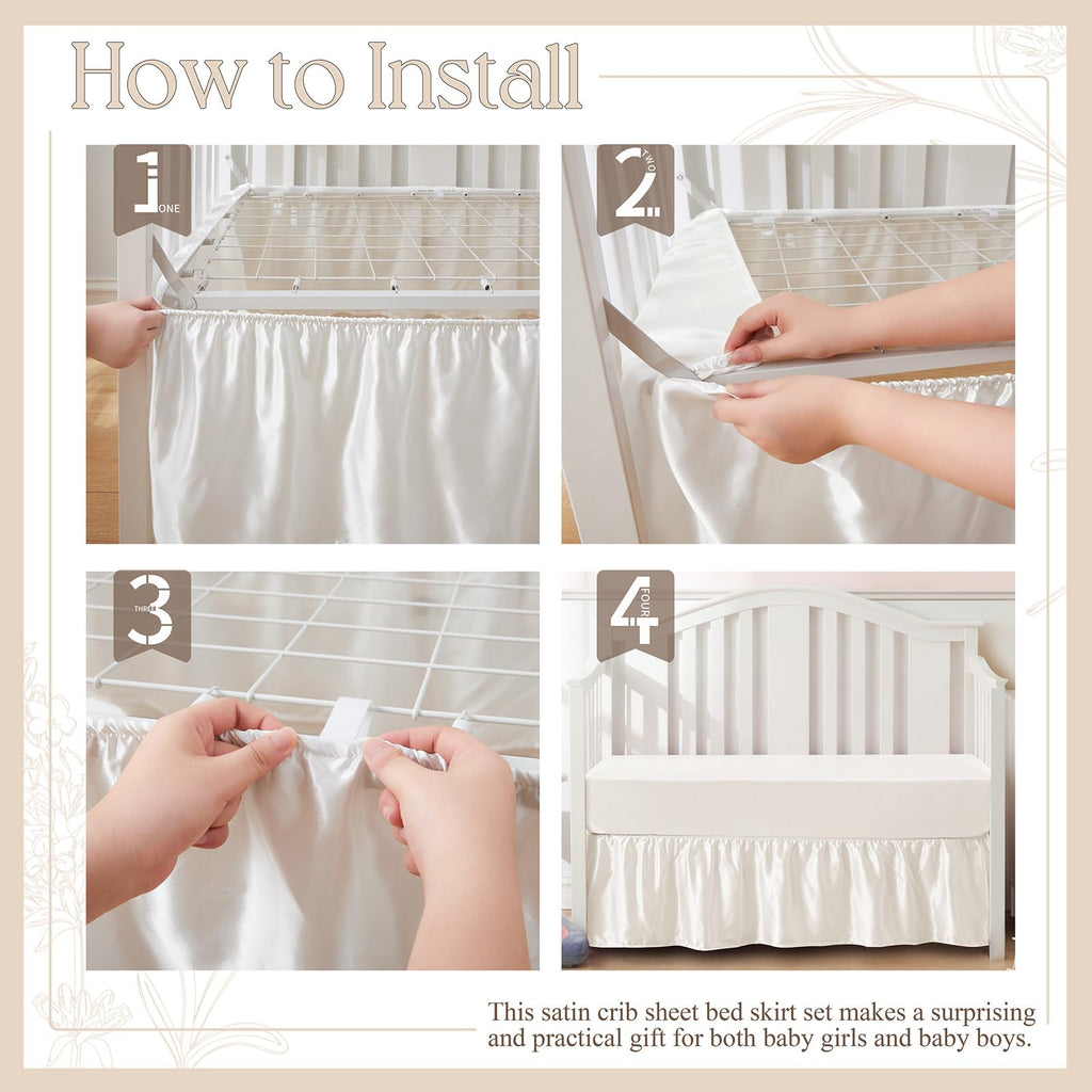 2-Piece Set Satin Crib Sheets & Crib Bed Skirt, Beige