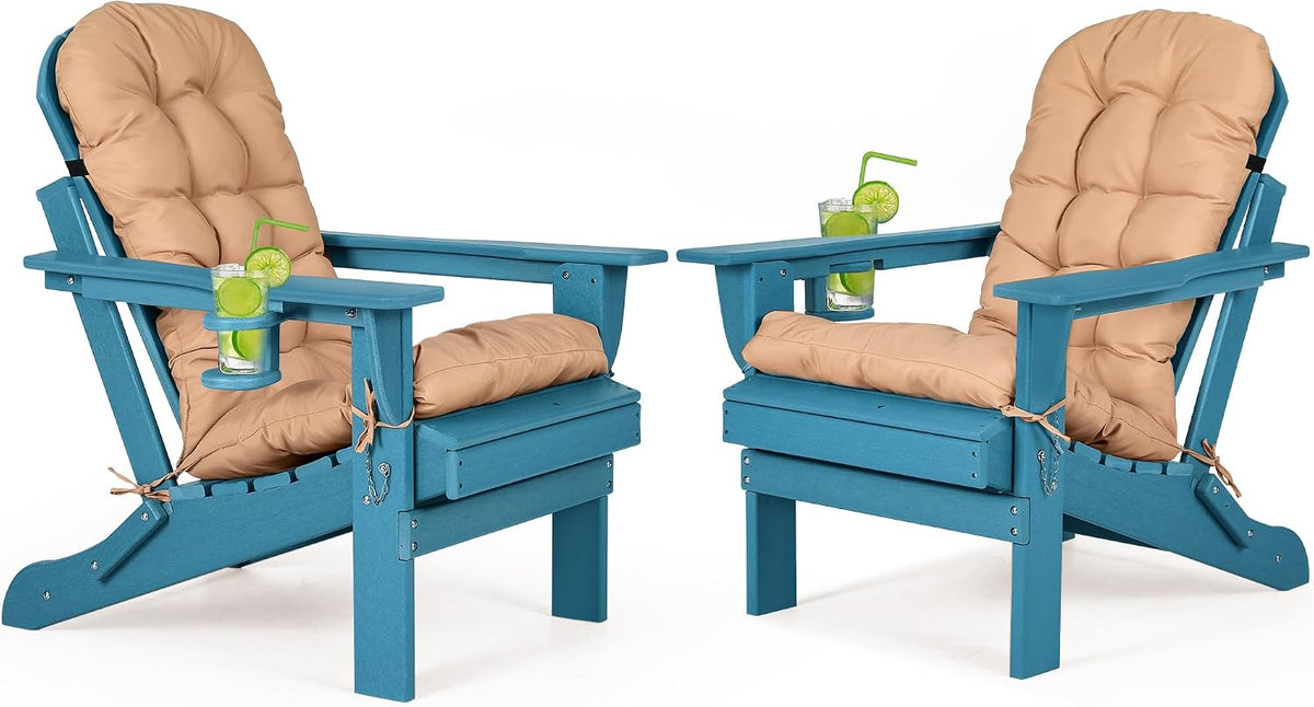 Folding Adirondack Chairs Set of 2 with Cushion with Cup Holder, HDPE Plastic Oversized Patio Chair Weather