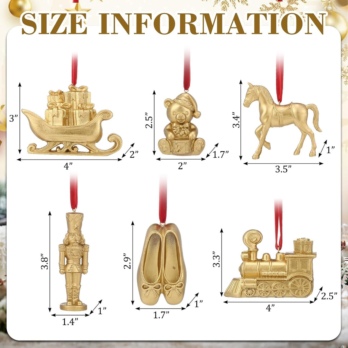 6 Pcs Vintage Gold Christmas Ornaments for Tree, Retro Toy Decor