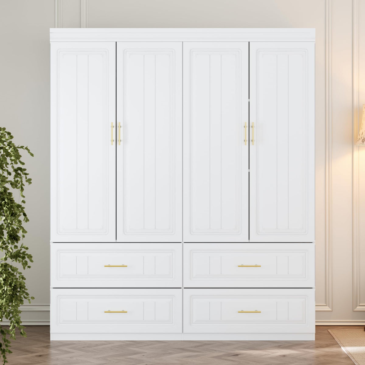 4 Door Wardrobe Closet with 4 Drawers, White Bedroom Armoire