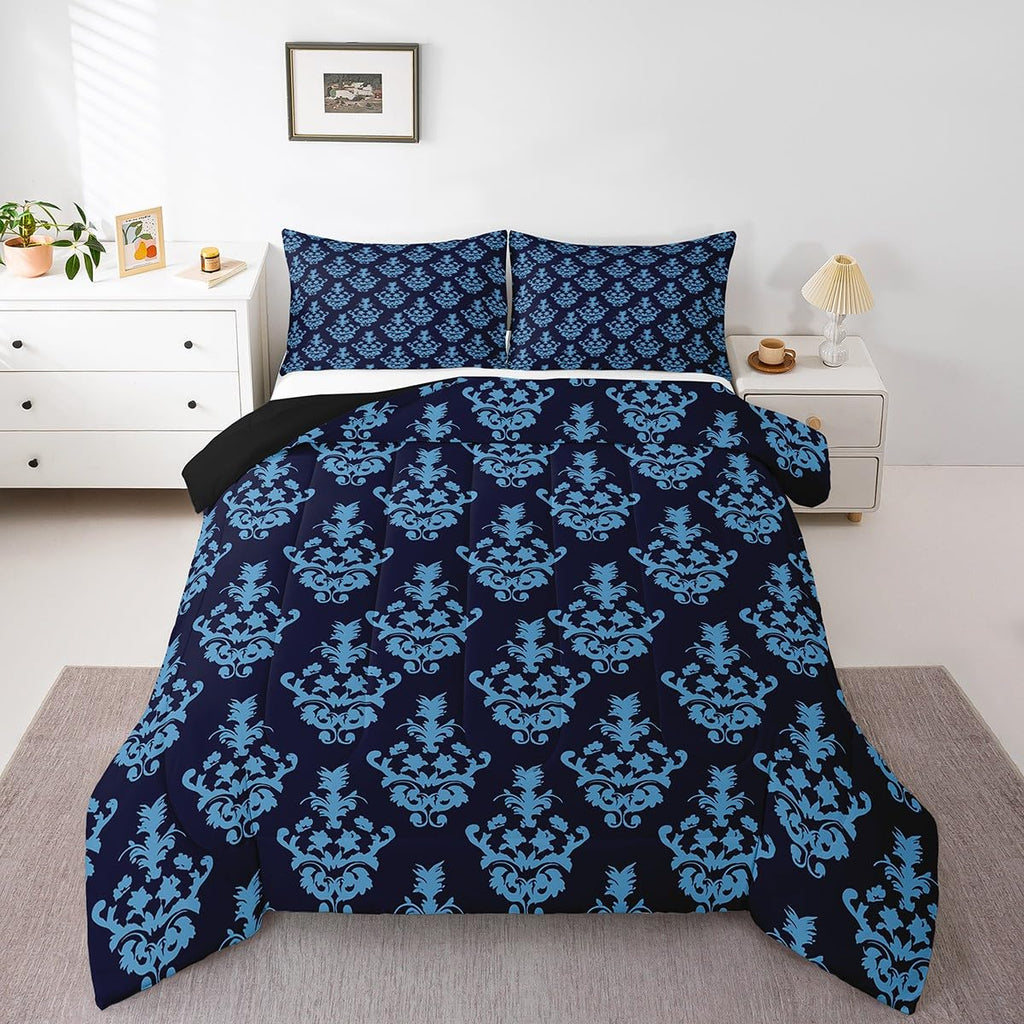 Gothic Bedding Set - Victorian Damask Comforter, Full Size, Black Floral, Bohemian Decor
