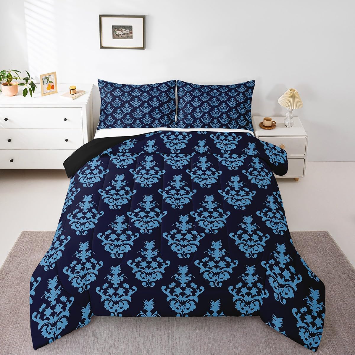 Gothic Bedding Set - Victorian Damask Comforter, Full Size, Black Floral, Bohemian Decor