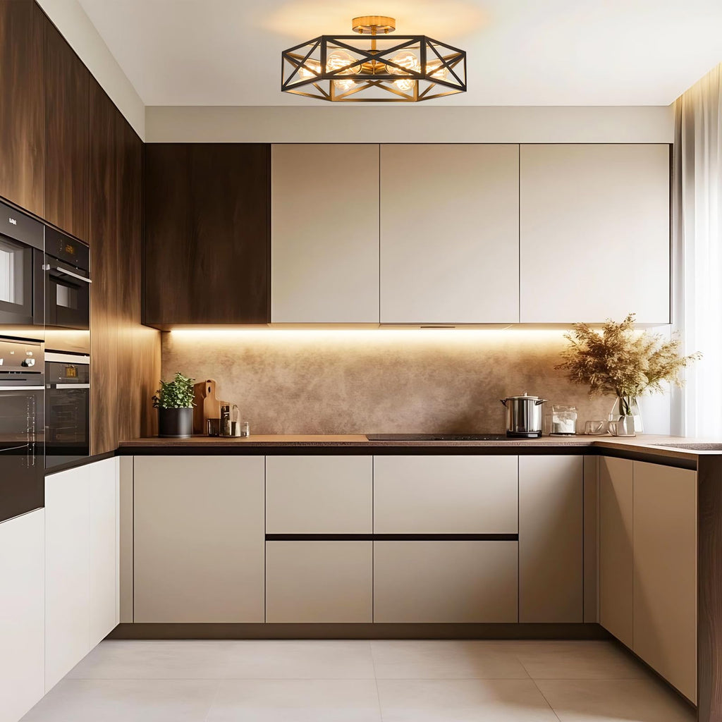 Modern Farmhouse Black and Gold Semi Flush Mount Ceiling Light 19.7 in