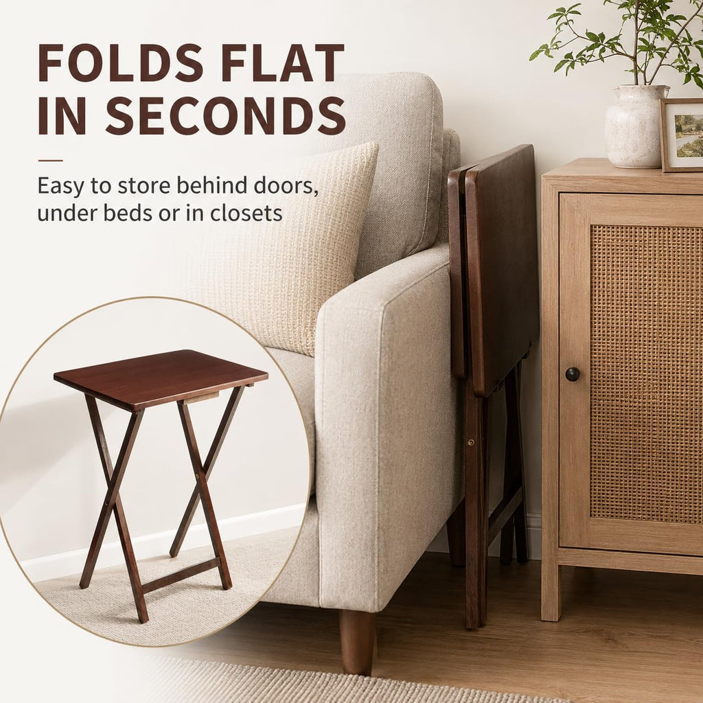 Modern Indoor Folding Tray Table Set of 2, Walnut Finish, Solid Rubberwood, 19 x 14.5 x 26 Inches, Lightweight & Easy