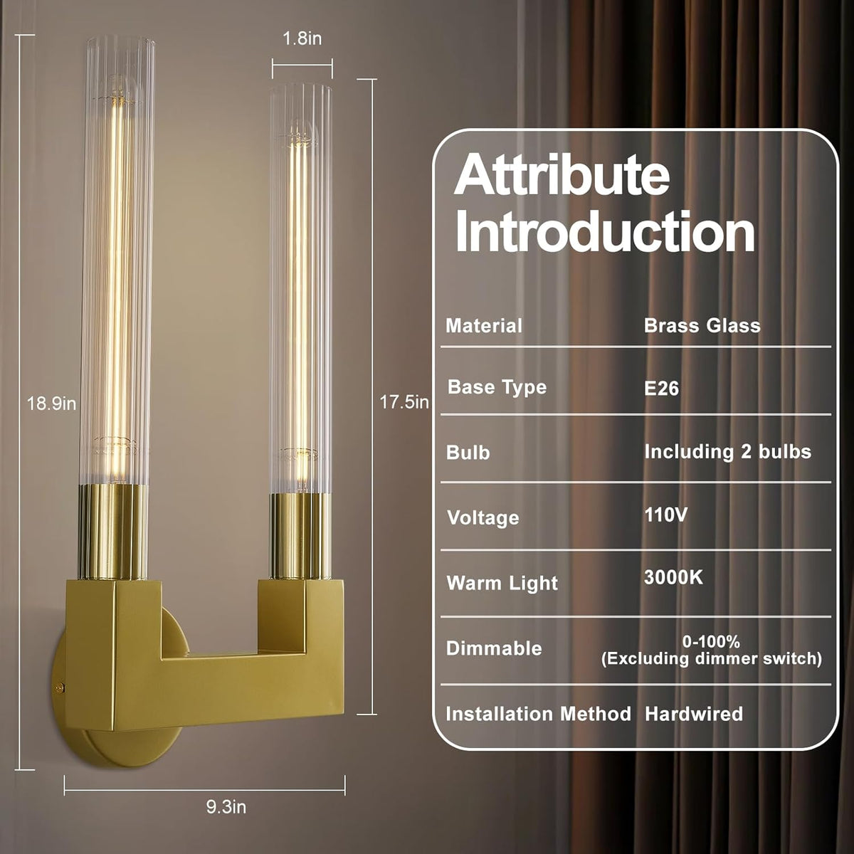 Inspired Cannele Style Modern Brass Wall Sconce,19 Inch Gold Double Bathroom Wall Sconces with Clear Glass Tube,Indoor 2-Light Vanity Mirror Wall Lights,for Bathroom,Living Room,Bedroom,Hallway,Entryway,Fireplace,Staircase