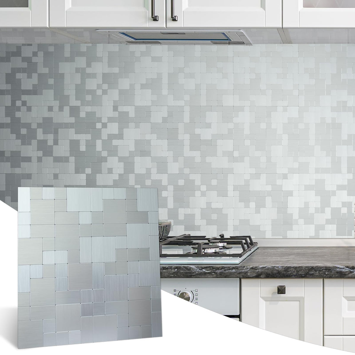 10-Sheet Metal Peel and Stick Tile Backsplash, Stainless Steel Kitchen Metal Backsplash Tile, Stick on Backsplash