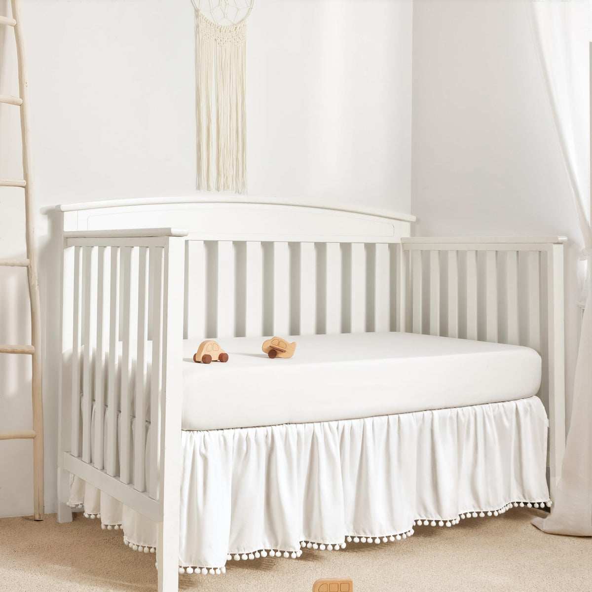 Baby Crib Skirt Girls Boys, Ruffled Bed Skirt with Pompoms, 28"x 52", 14'' Drop, White