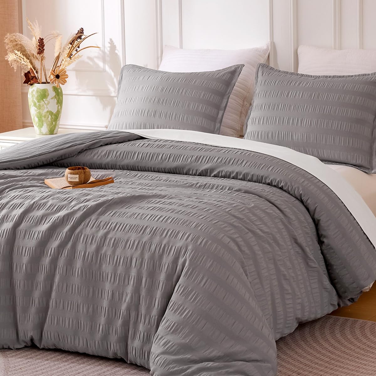 Seersucker Duvet Cover Set, 2 Pieces Boho Bedding Set for All Season 1 Durable and Soft Duvet Cover with 1