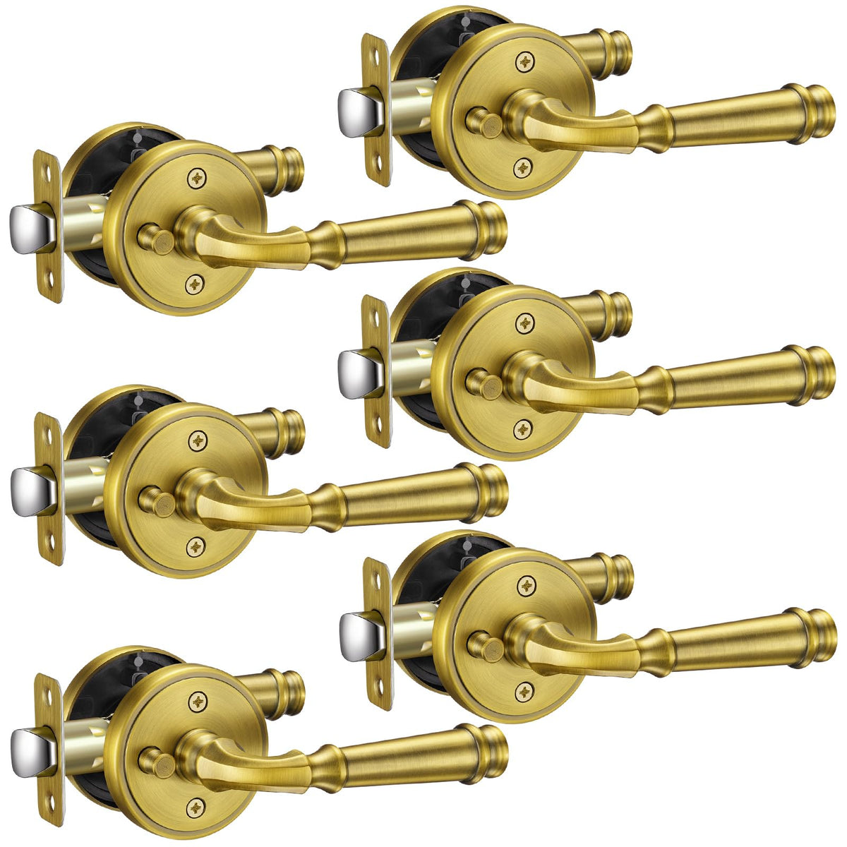 Door Handles Antique Brass Privacy Vintage Door Levers, 6 Pack