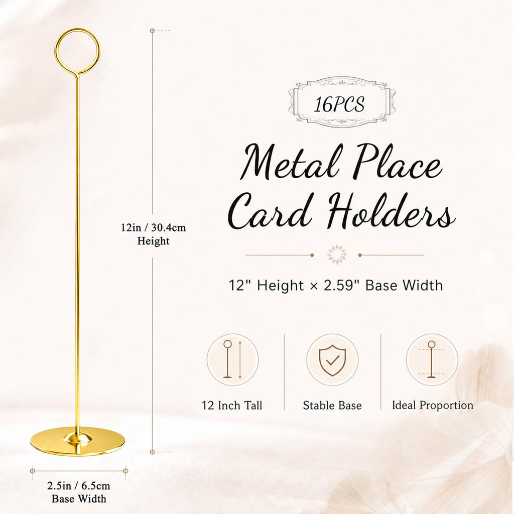 16PK Gold Table Number Holders Place Card Holders 12 Inch Table Card Holders Steel Card Holders for Photos, Food