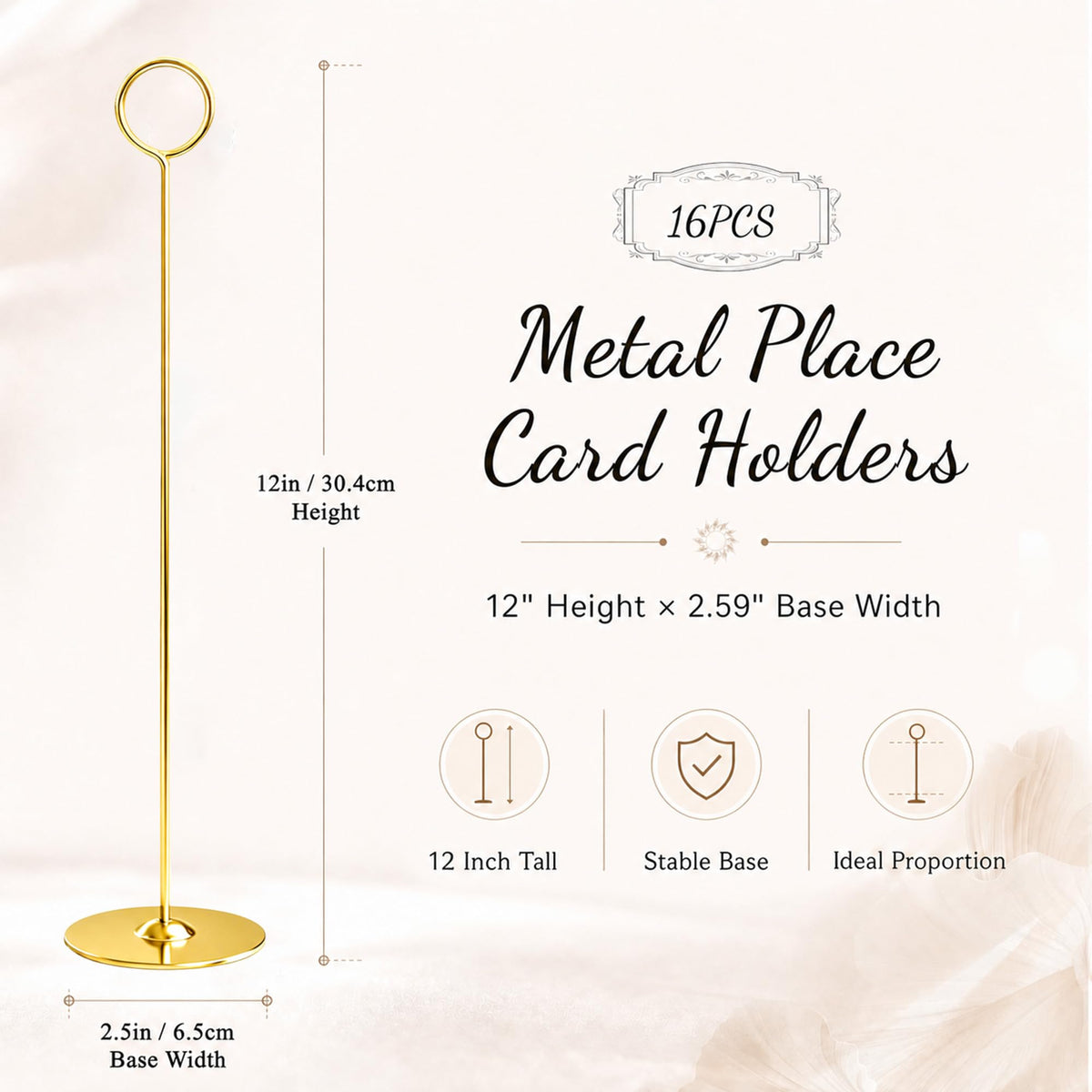 16PK Gold Table Number Holders Place Card Holders 12 Inch Table Card Holders Steel Card Holders for Photos, Food