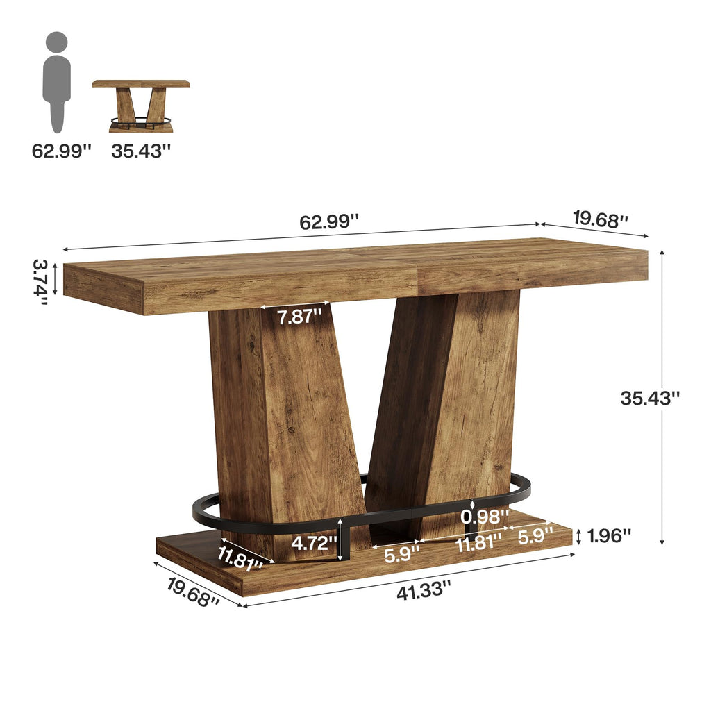 62.99" Industrial Bar Table for 4-6, Rectangle Counter Height Pub Table with Metal Footrest, Home Bar Units for Pub