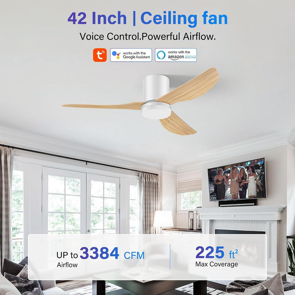 42" Smart Flush Mount Ceiling Fan with Light & Remote