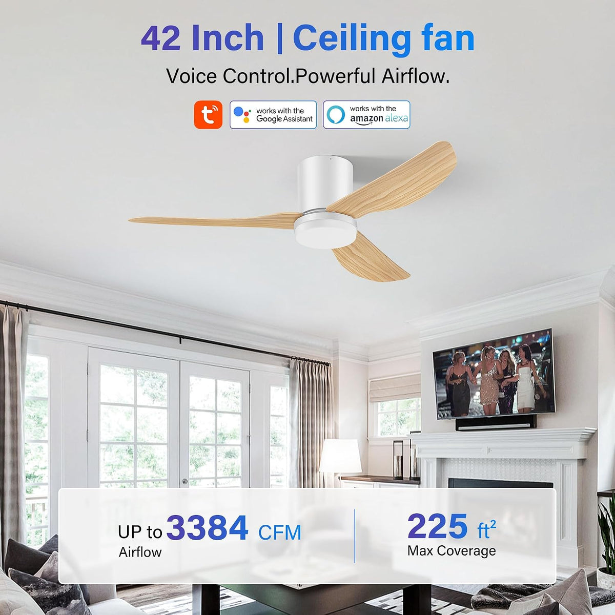 42 Inch Smart Ceiling Fans with Lights Remote,Low Profile Ceiling Fan Control with WIFI Voice Alexa App