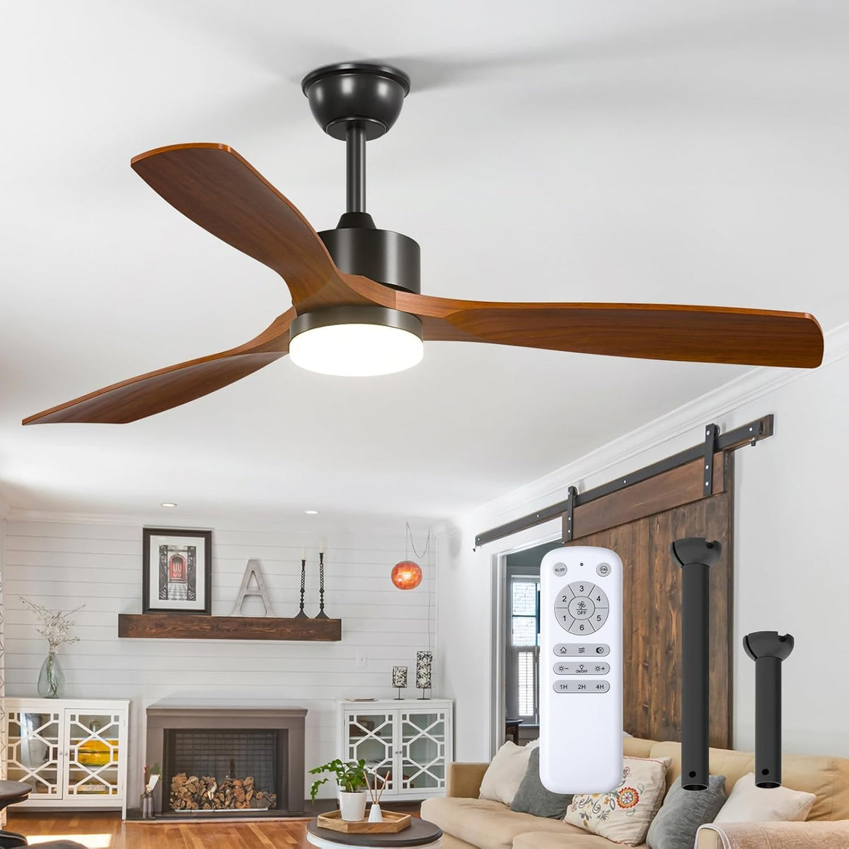 52-Inch Reversible Ceiling Fan with Light, Remote, and Three Wood Blades