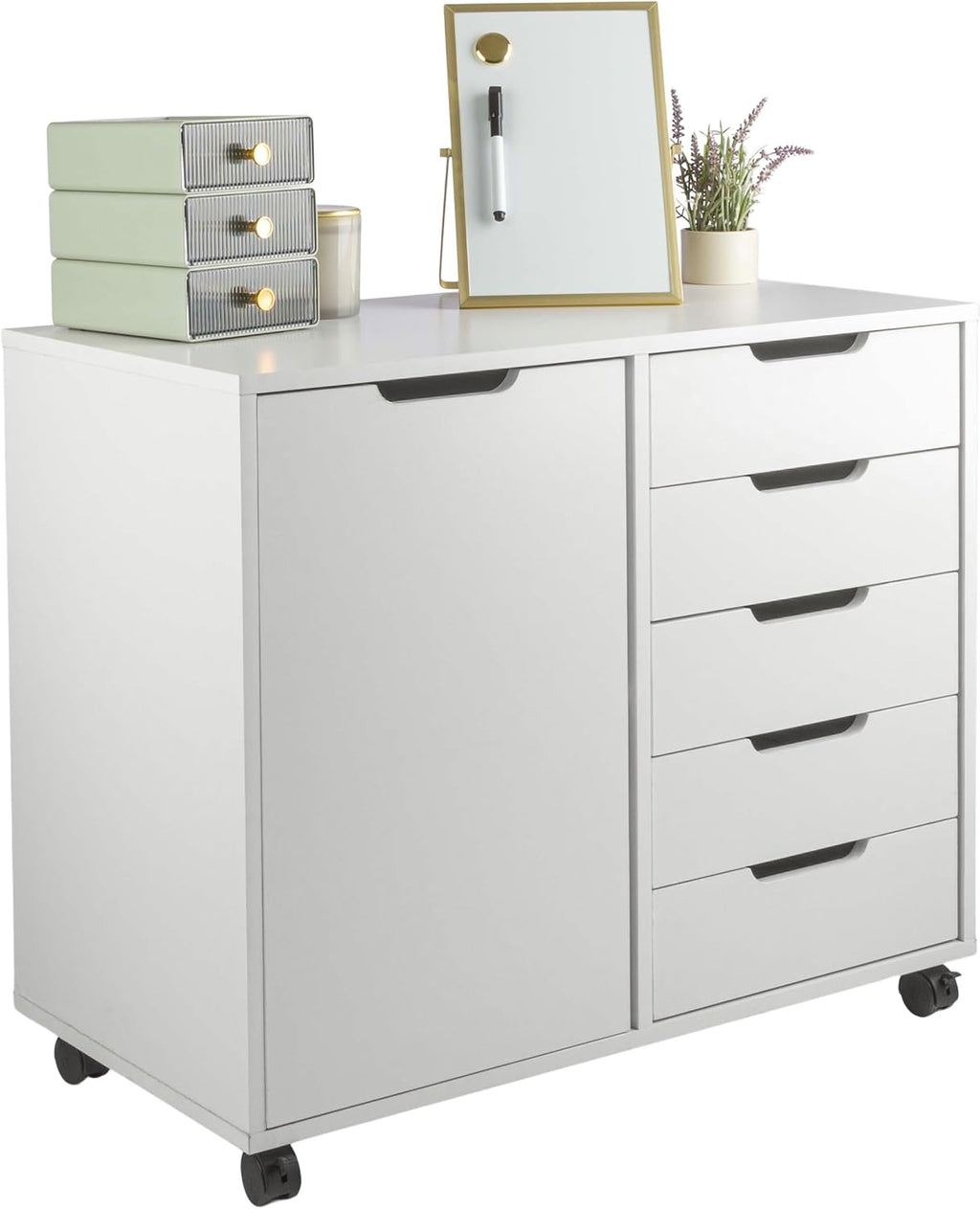 5 Drawer Office Storage Cabinet - Wooden Lateral File Cabinet with 5 Drawers, Door, and Adjustable Shelves - Rolling