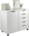 5 Drawer Office Storage Cabinet - Wooden Lateral File Cabinet with 5 Drawers, Door, and Adjustable Shelves - Rolling