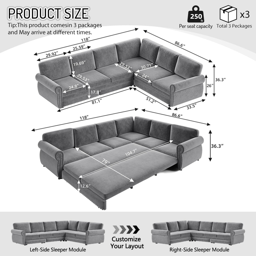 L-Shaped 6-Seat Sleeper Sectional Sofa Bed, Chenille Pull Out Couch