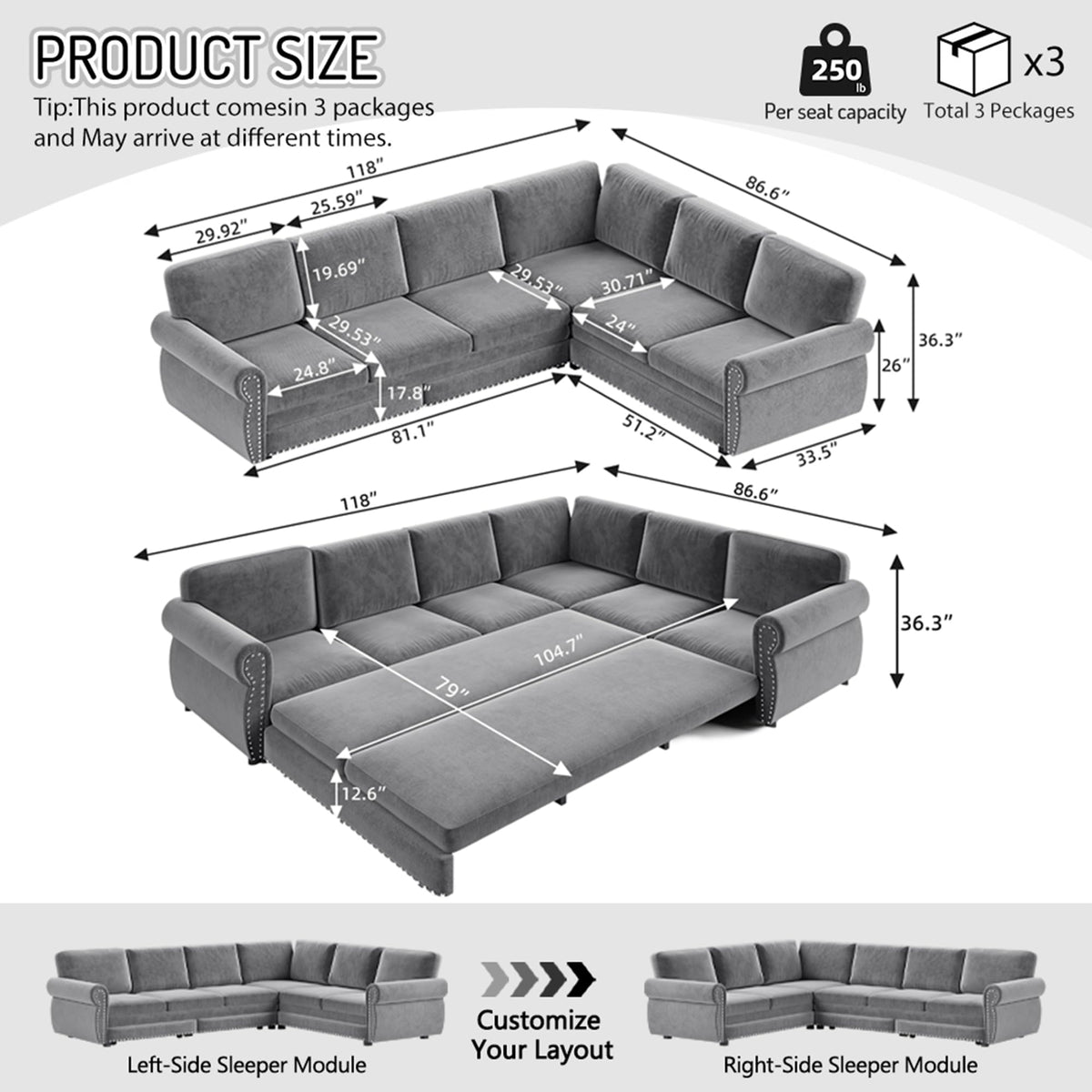 L-Shaped 6-Seat Sleeper Sectional Sofa Bed, Chenille Pull Out Couch