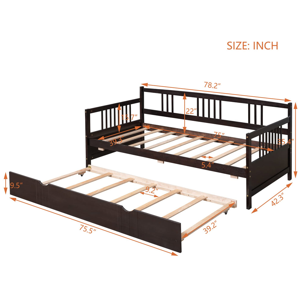 Daybed with Trundle Bed Wooden Slats Support Modern Living Daybed with Rails, Twin Size, Espresso