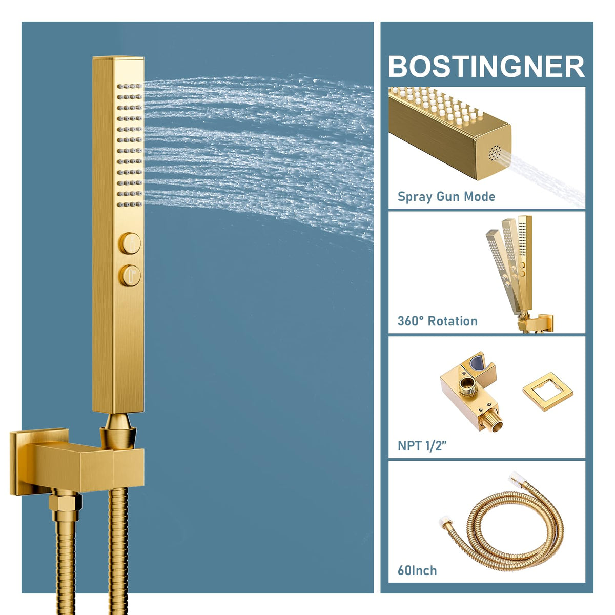 Shower System Brushed Gold Shower Faucets Sets, 10" Rain Shower Head with 2 In 1 Handheld Spray and 4 Body Jets, Wall